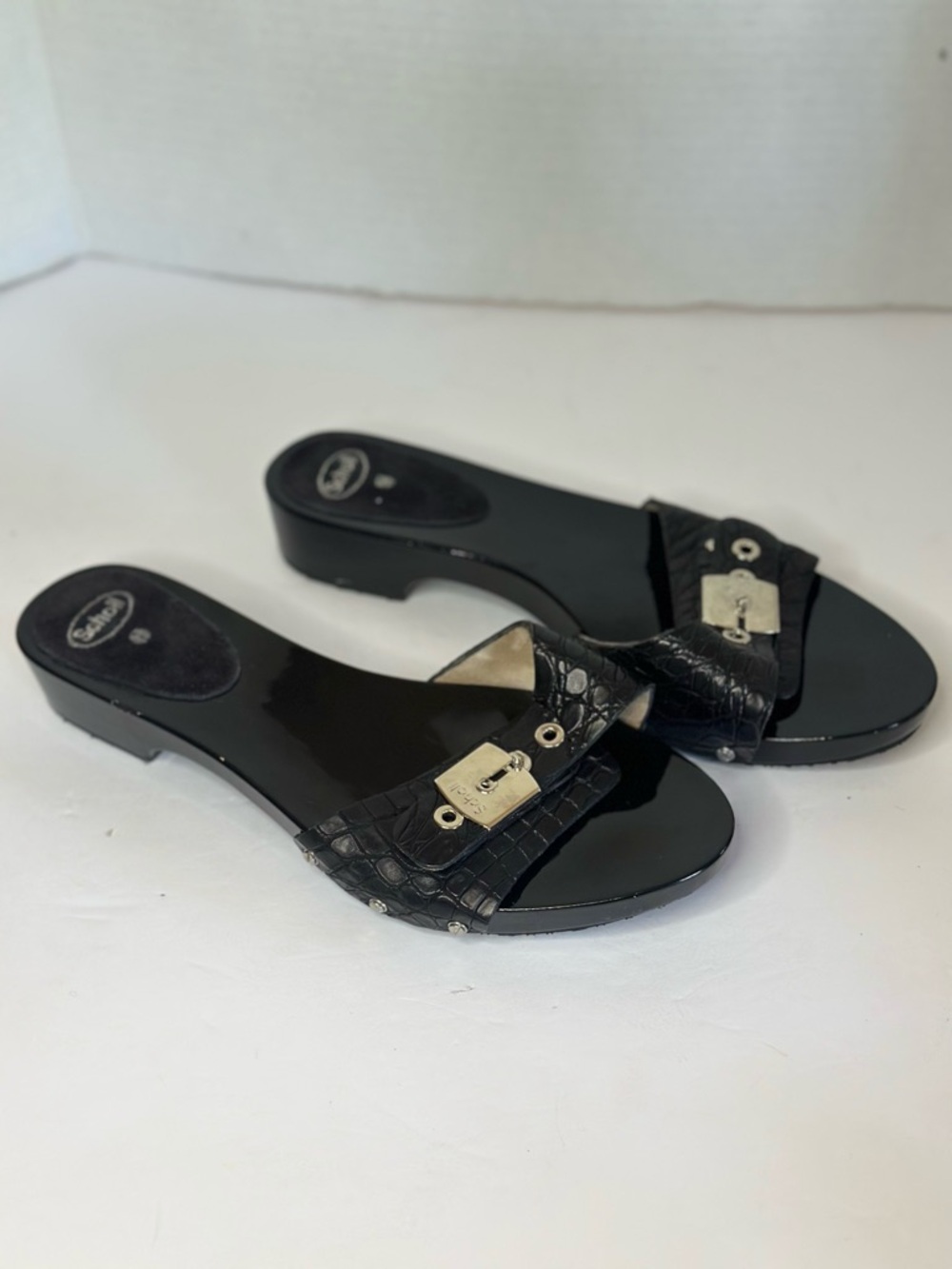 Scholl Pescura Cameron Women's Black Croc-Embossed Mules with Silver Buckle